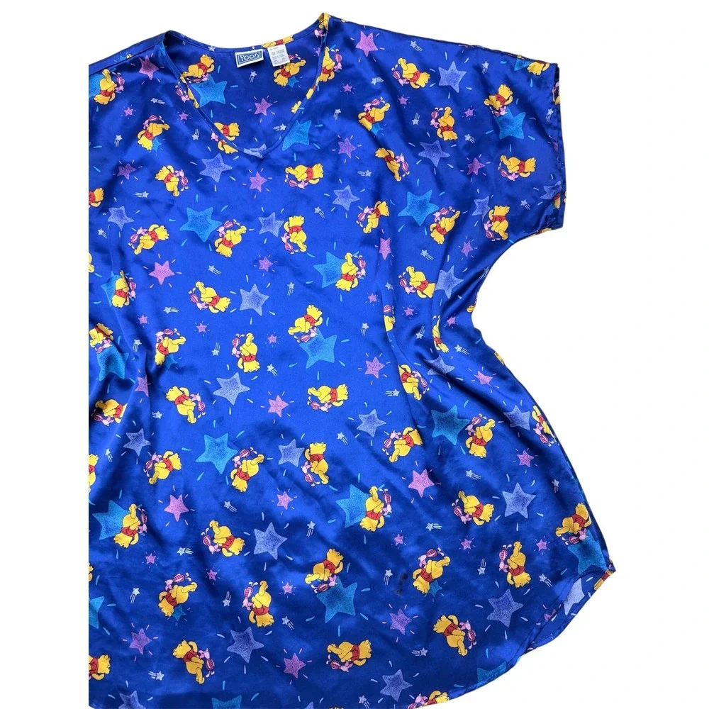 Vintage‎ Pooh Winnie the Pooh Satin Nightgown Blue Stars Piglet Sleep Shirt 2XL